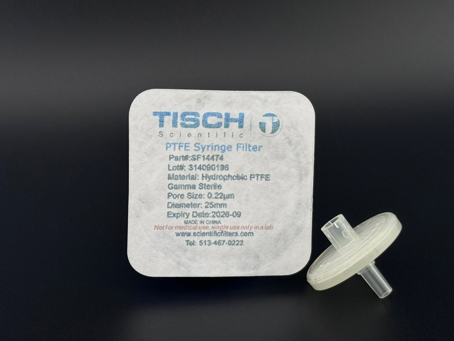 Tisch Scientific Filter Syringe .22μm PTFE 25mm - Sterile Individually Wrapped- EXP- 09/30/26