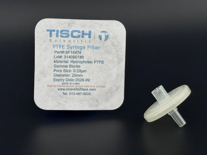 Tisch Scientific Filter Syringe .22μm PTFE 25mm - Sterile Individually Wrapped- EXP- 09/30/26